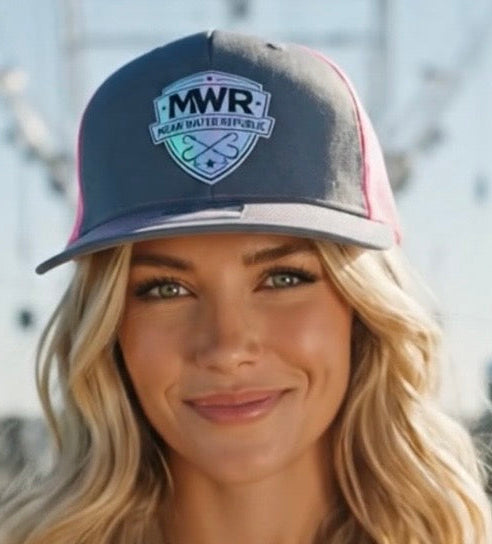 Richardson 112 Trucker Snap back Hat-Charcoal to Neon Pink w/ Iridescent Premium MWR Patch
