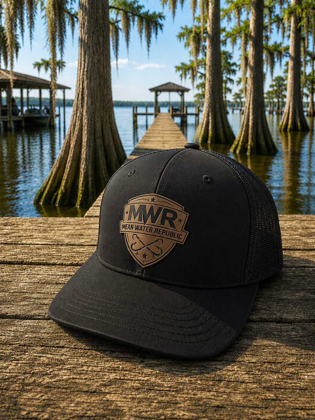 Mean Water Republic 112 Richardson snapback- Black on black w/ Signature Leather Shield Logo