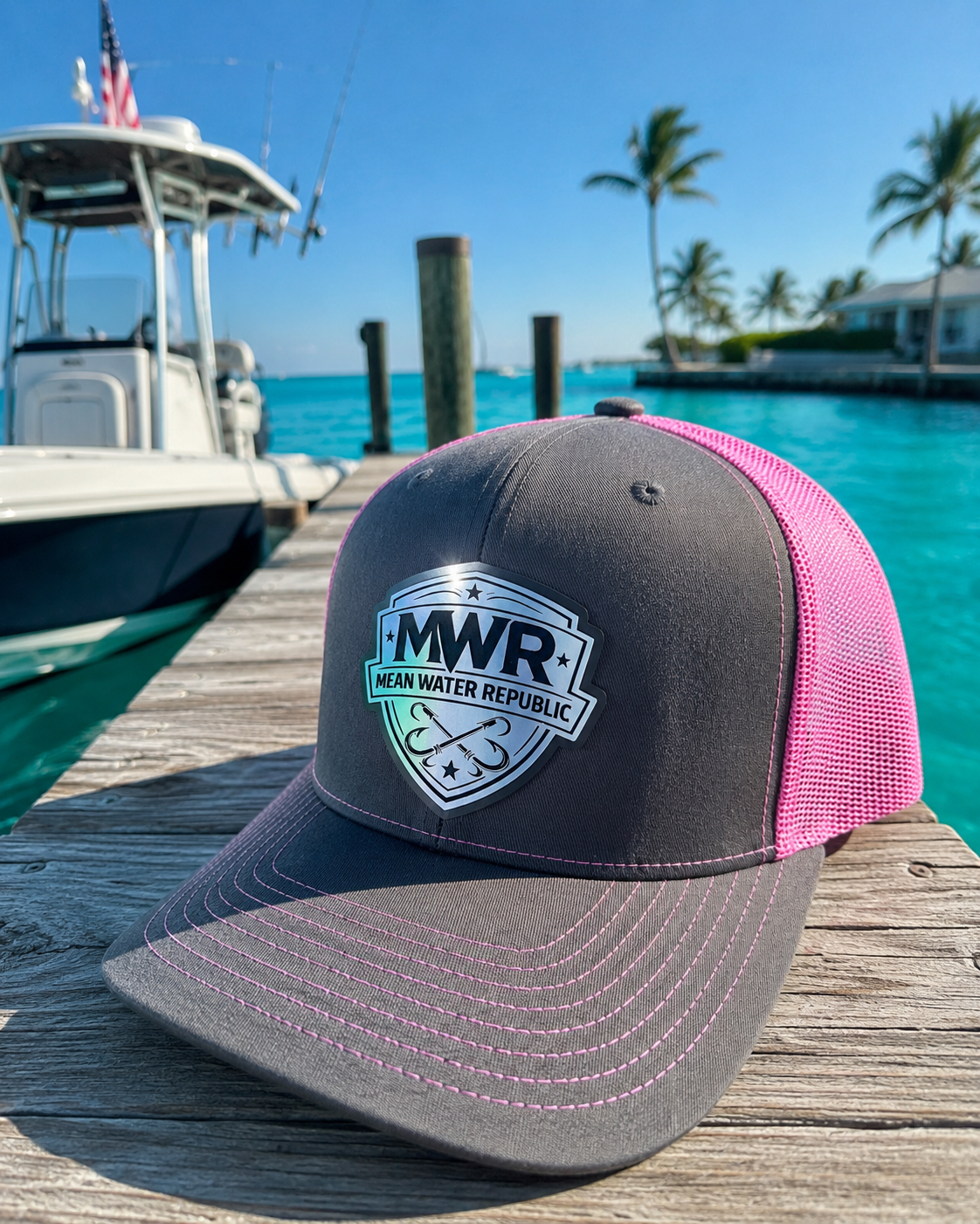 Richardson 112 Trucker Snap back Hat-Charcoal to Neon Pink w/ Iridescent Premium MWR Patch