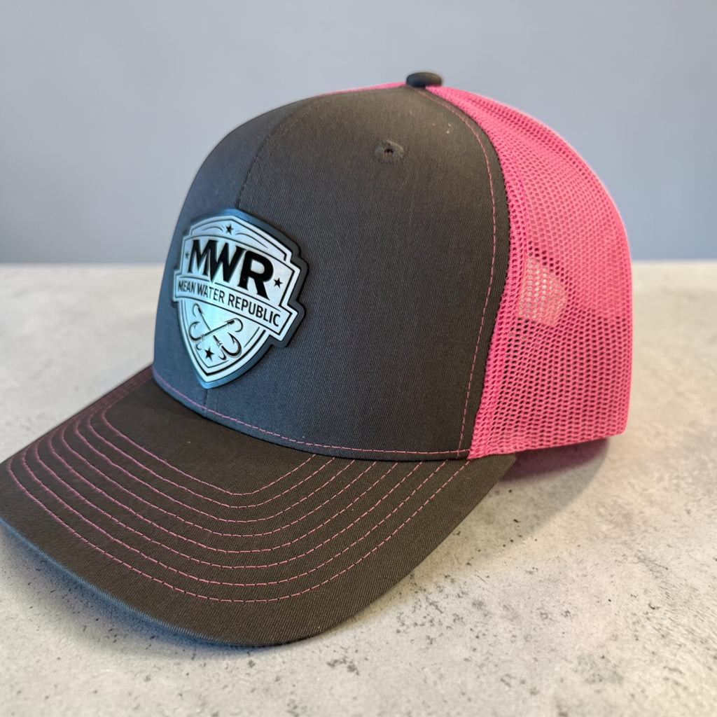 Richardson 112 Trucker Snap back Hat-Charcoal to Neon Pink w/ Iridescent Premium MWR Patch